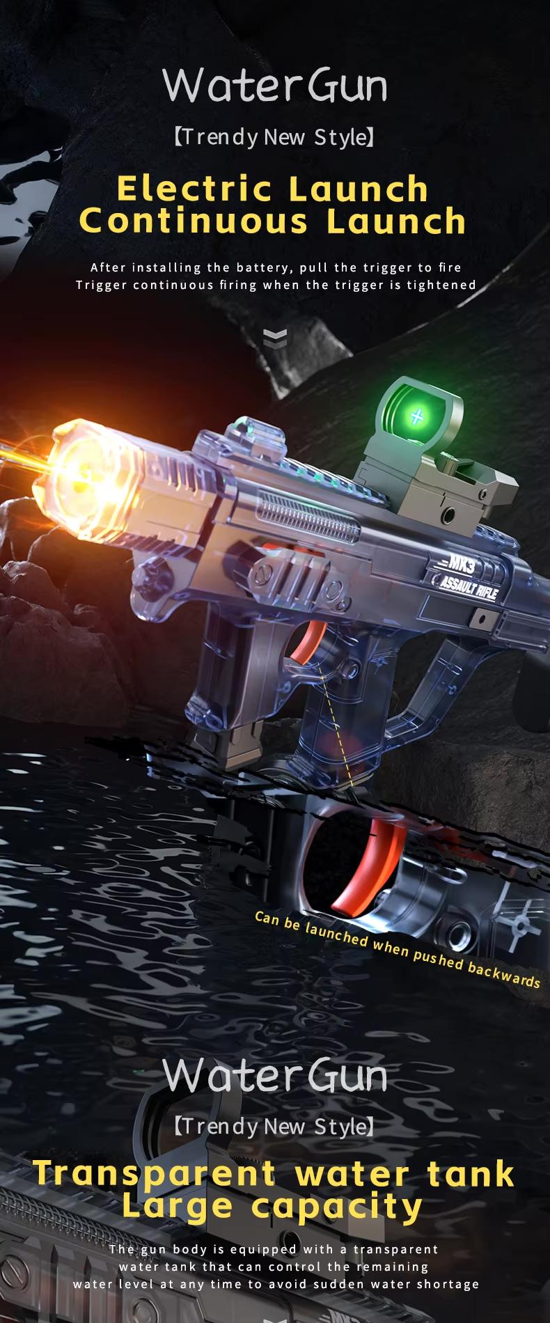 Elektrická vodní pistole MK3 - dostřel 8-10 m, 270 ml zásobník, 800 mAh baterie