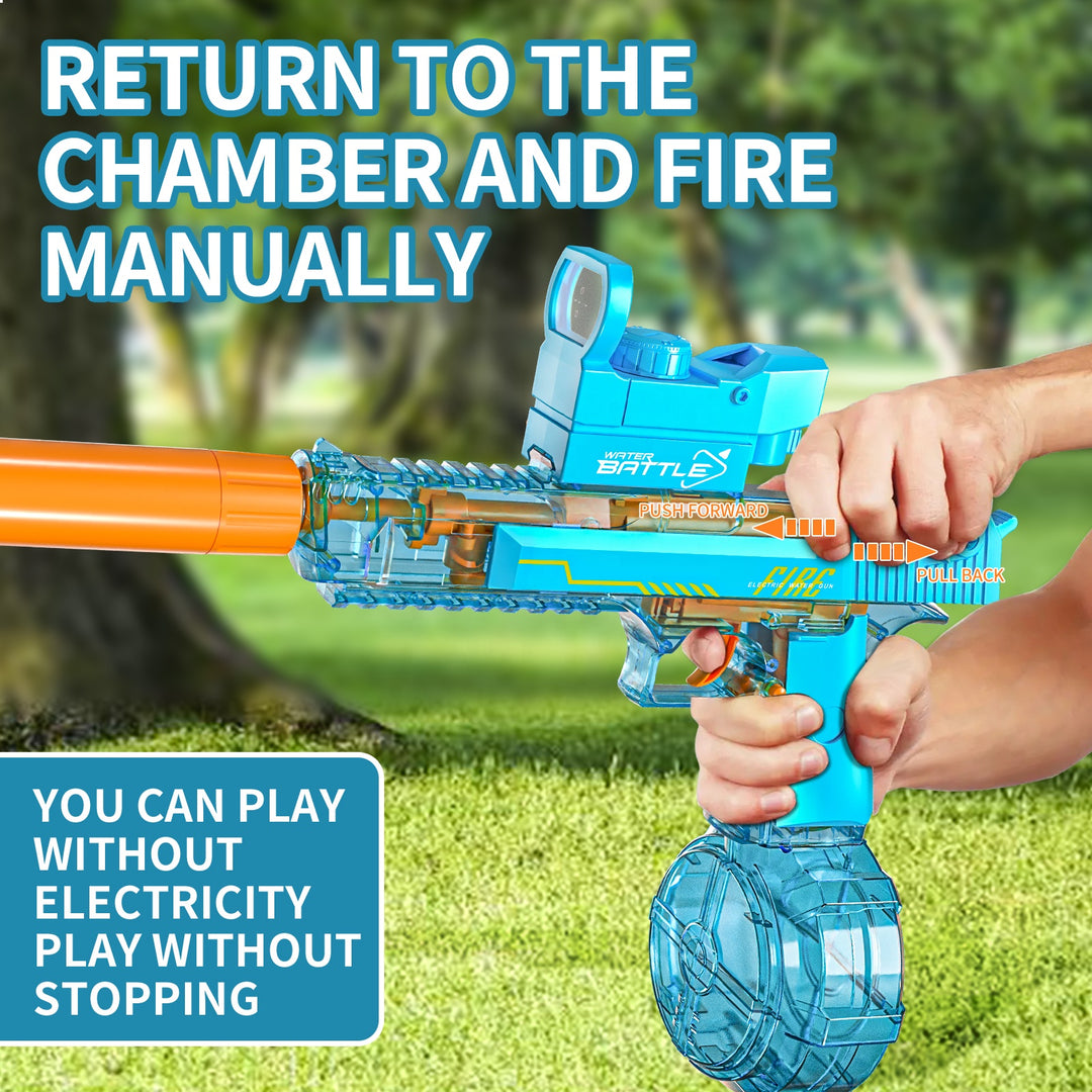 Electric Water Gun DESERT EAGLE – transparent design, light effects, range 8–10 m, 425 ml tank
