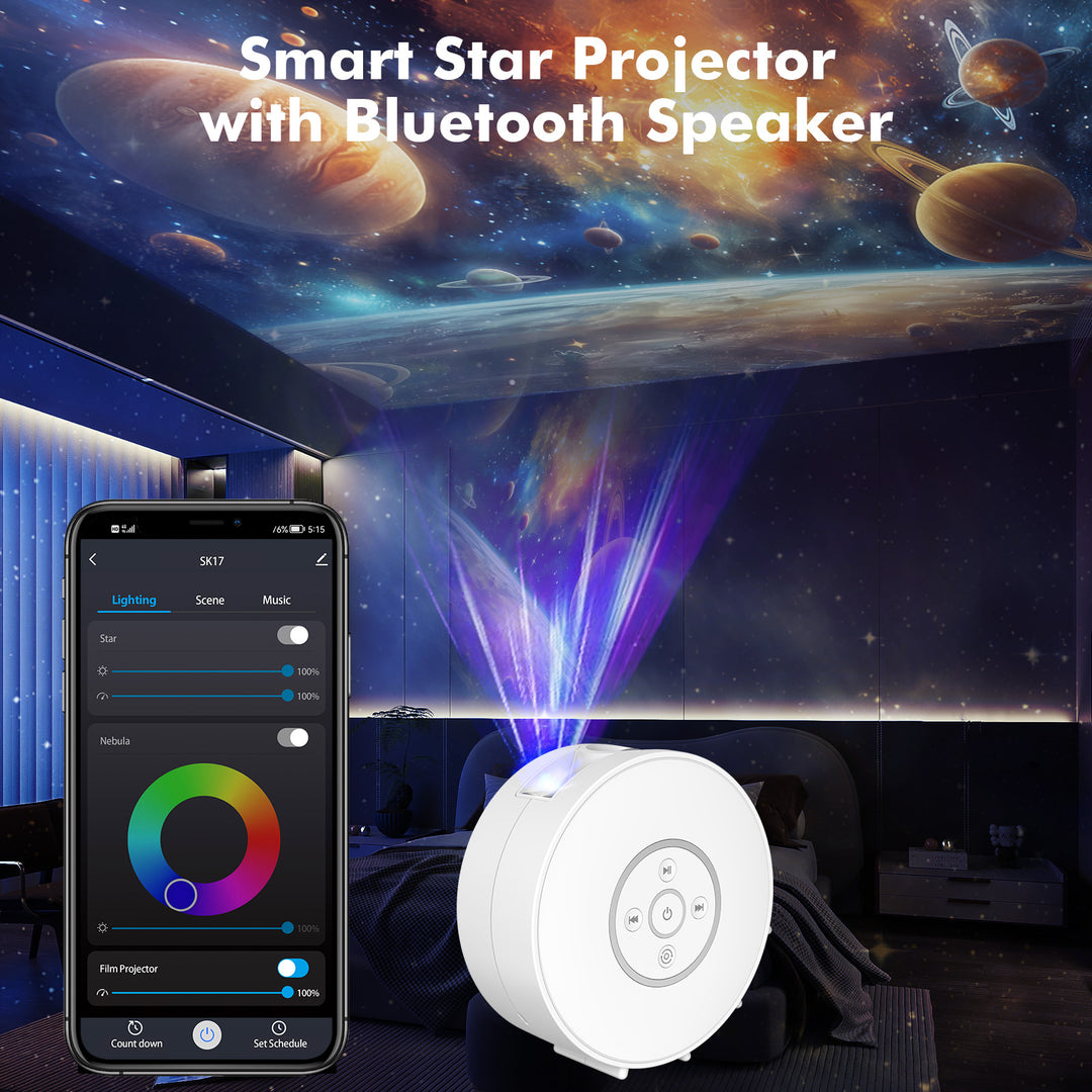 Galaxy and night sky projector - 6 image cassettes, Bluetooth speaker, app control