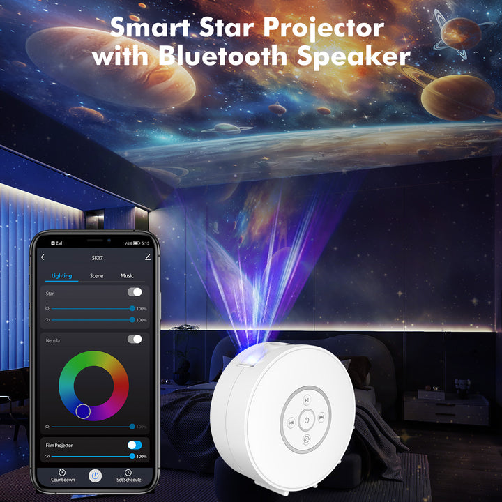 Galaxy and night sky projector - 6 image cassettes, Bluetooth speaker, app control