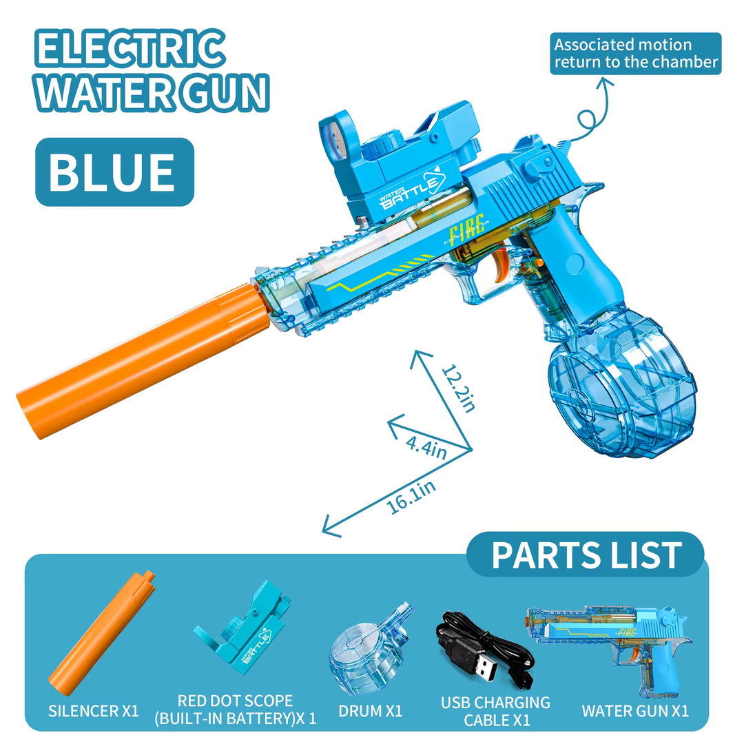 Electric Water Gun DESERT EAGLE – transparent design, light effects, range 8–10 m, 425 ml tank