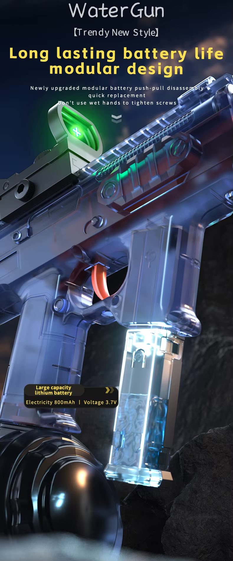 Elektrická vodní pistole MK3 - dostřel 8-10 m, 270 ml zásobník, 800 mAh baterie