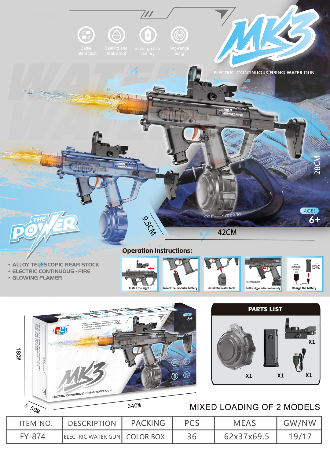 Elektrická vodní pistole MK3 - dostřel 8-10 m, 270 ml zásobník, 800 mAh baterie