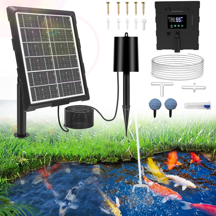 Solární provzdušňovač jezírka s LCD displejem AP221 – 2200 mAh baterie, 3 stupně výkonu, programovatelný časovač, 3W panel