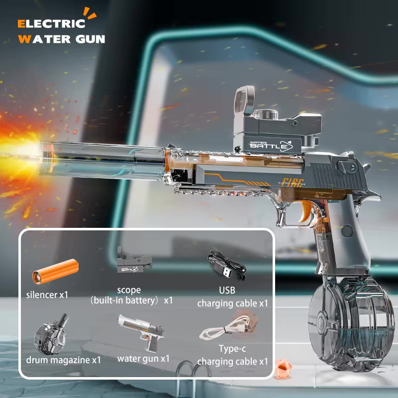 Electric Water Gun DESERT EAGLE – transparent design, light effects, range 8–10 m, 425 ml tank