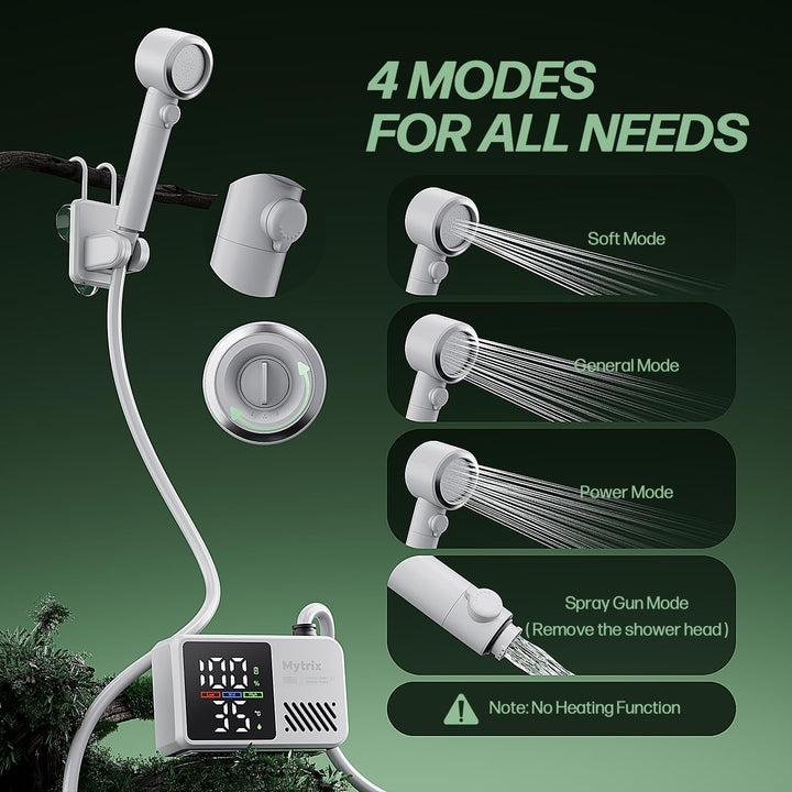 Mytrix Portable Camping Shower – High Water Pressure 10 l/min, 7800 mAh, and 4 Spray Modes