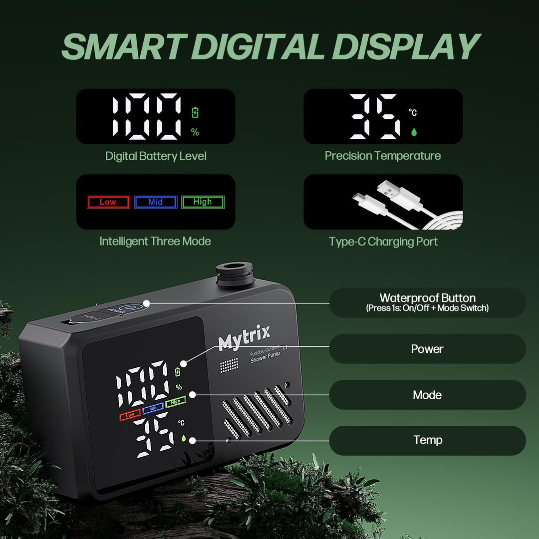 Mytrix Portable Camping Shower – High Water Pressure 10 l/min, 7800 mAh, and 4 Spray Modes