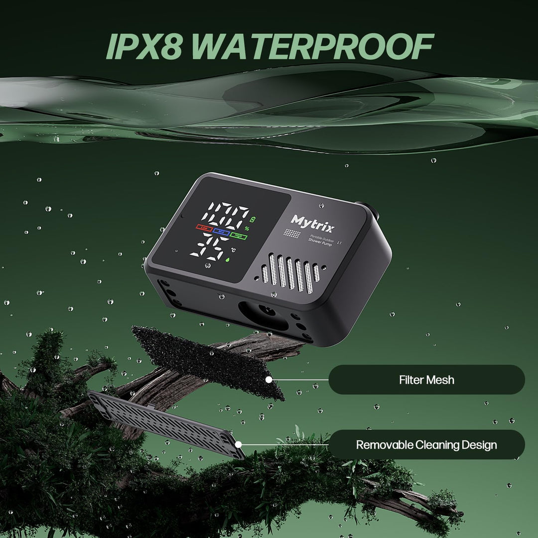 Mytrix Portable Camping Shower – High Water Pressure 10 l/min, 7800 mAh, and 4 Spray Modes