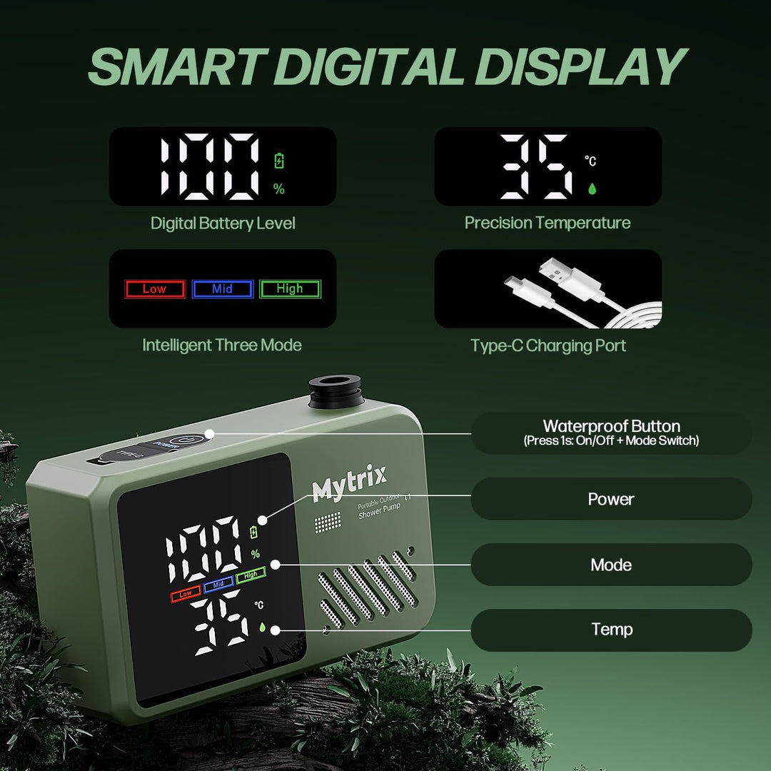 Mytrix Portable Camping Shower – High Water Pressure 10 l/min, 7800 mAh, and 4 Spray Modes