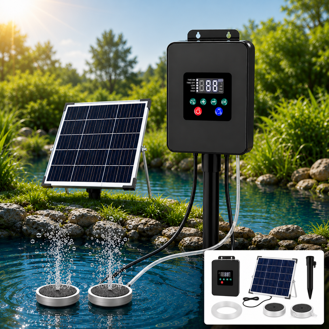 Solární provzdušňovač jezírka AP020 s LCD displejem – 30W panel, 8800mAh baterie, 2 režimy