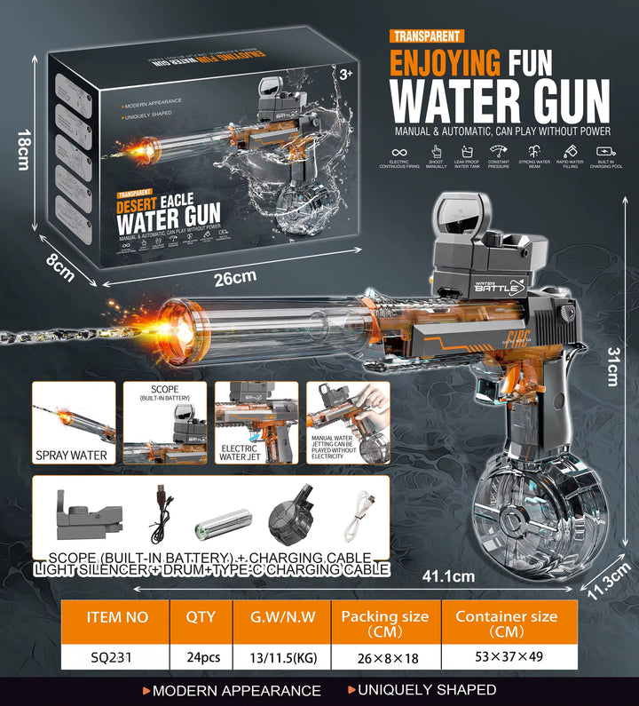 Electric Water Gun DESERT EAGLE – transparent design, light effects, range 8–10 m, 425 ml tank