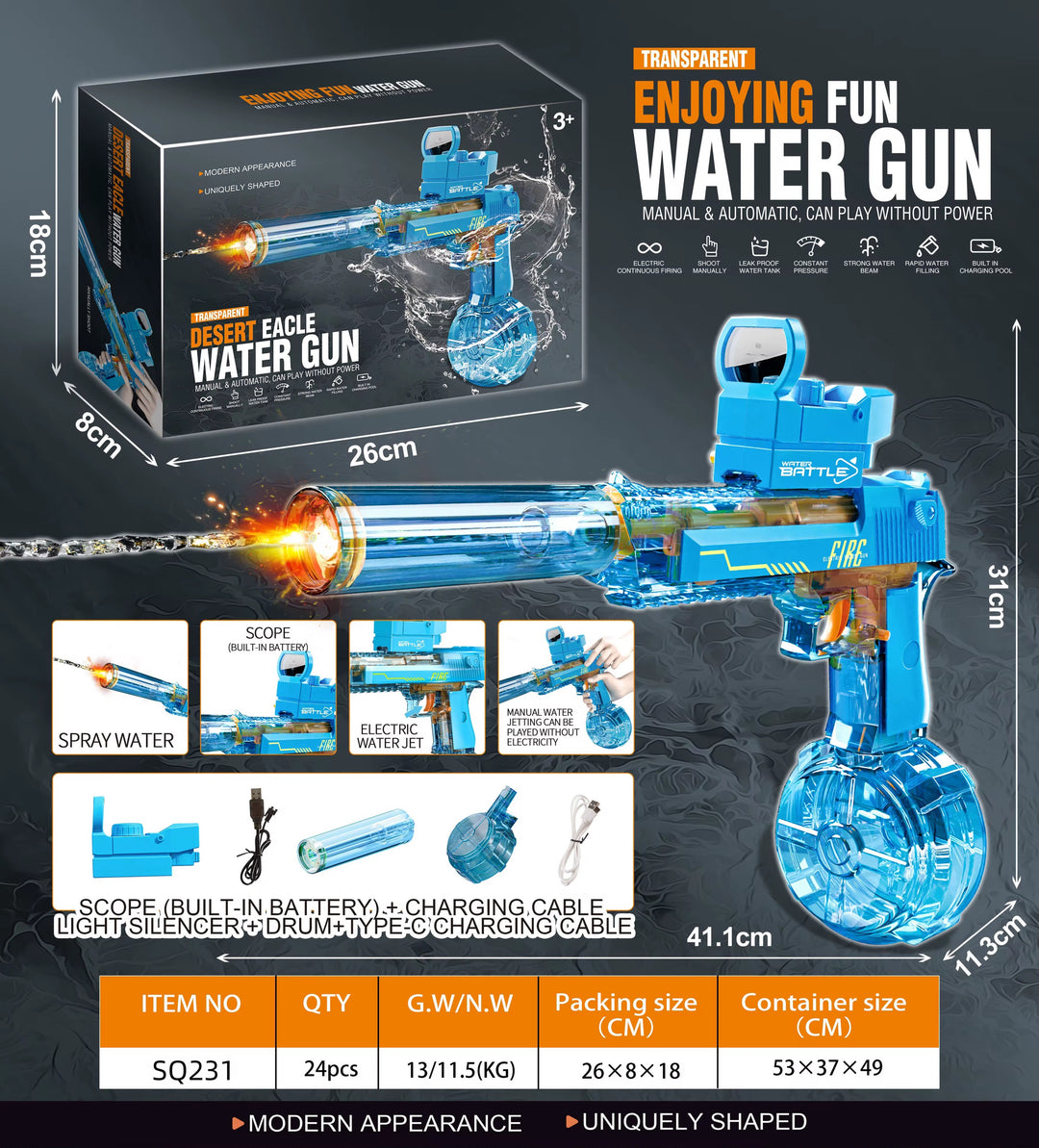 Electric Water Gun DESERT EAGLE – transparent design, light effects, range 8–10 m, 425 ml tank