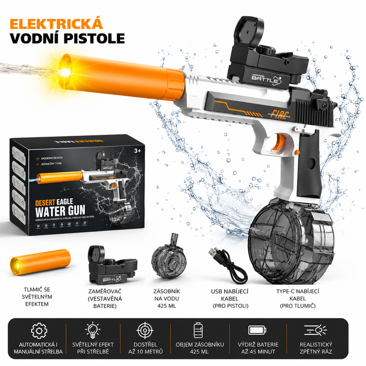 Elektrická vodní pistole DESERT EAGLE – světelné efekty, dostřel 8–10 m, 425 ml zásobník