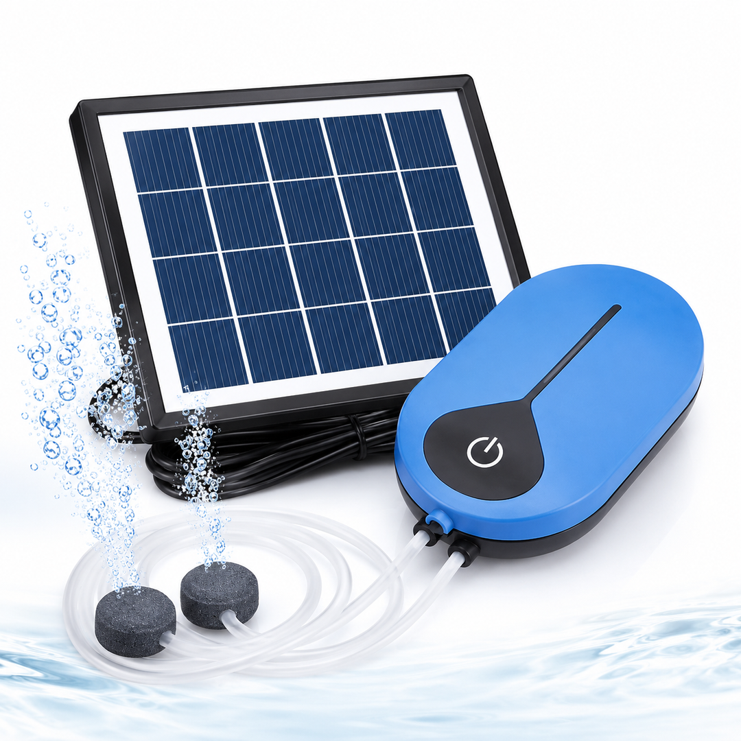 Solární provzdušňovač jezírka AP008 – 3600 mAh baterie, 3 režimy provozu, 1,5 W panel