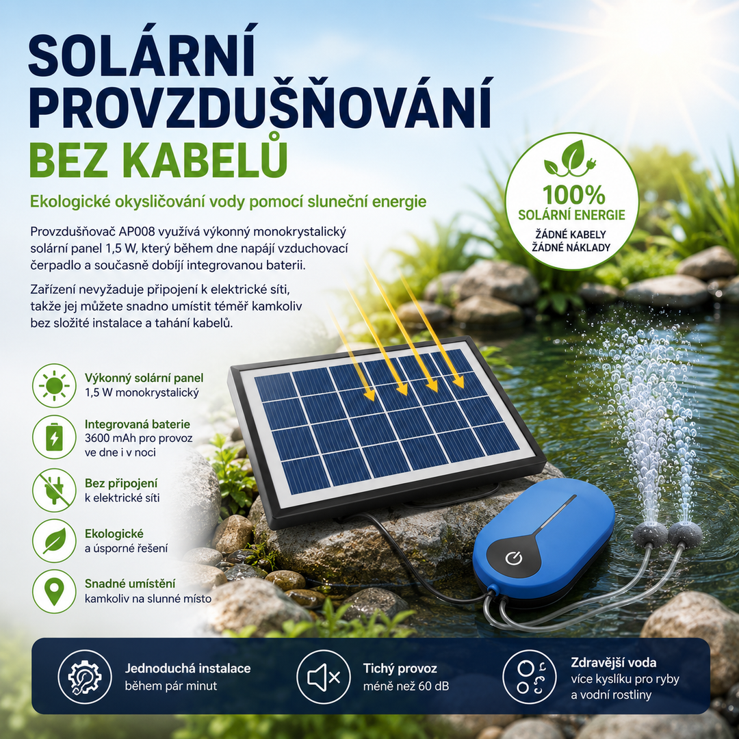 Solární provzdušňovač jezírka AP008 – 3600 mAh baterie, 3 režimy provozu, 1,5 W panel