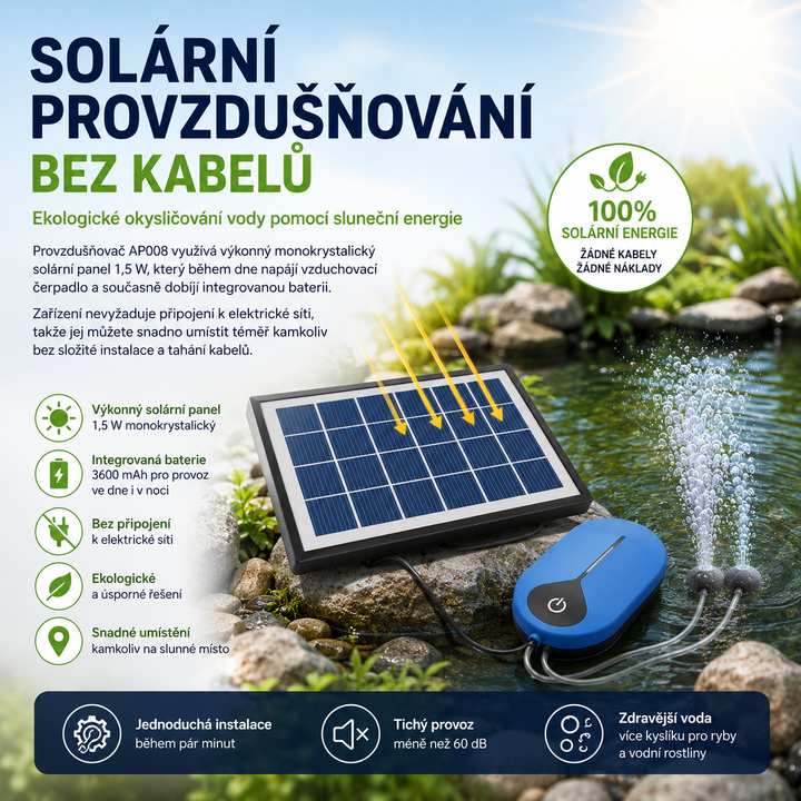 Solární provzdušňovač jezírka AP008 – 3600 mAh baterie, 3 režimy provozu, 1,5 W panel