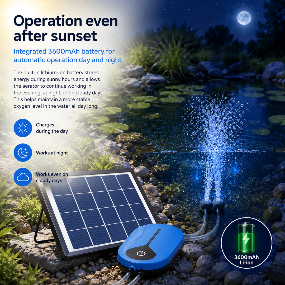 Solární provzdušňovač jezírka AP008 – 3600 mAh baterie, 3 režimy provozu, 1,5 W panel