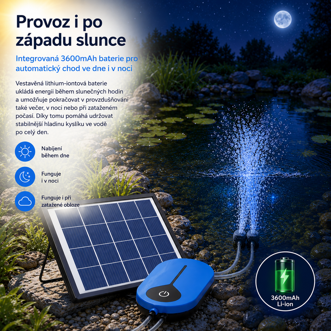 Solární provzdušňovač jezírka AP008 – 3600 mAh baterie, 3 režimy provozu, 1,5 W panel