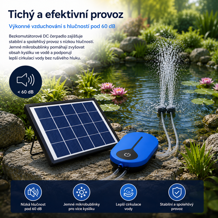 Solární provzdušňovač jezírka AP008 – 3600 mAh baterie, 3 režimy provozu, 1,5 W panel