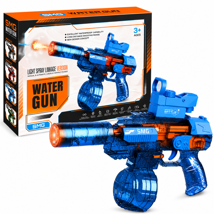 Elektrická vodní pistole SMG – světelné efekty, dostřel 8–10 m, 425 ml zásobník, 1200 mAh baterie