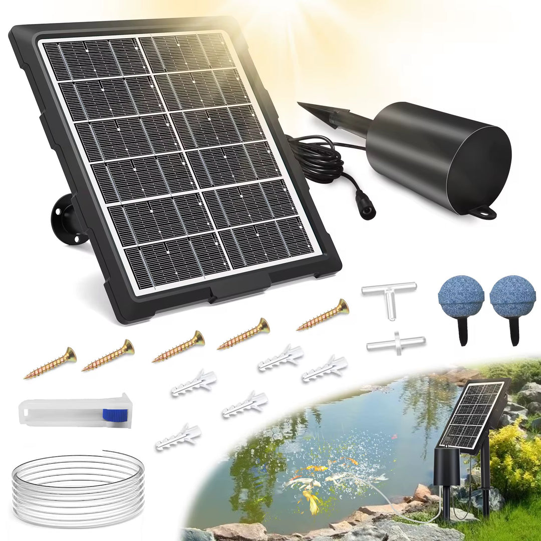 Solární provzdušňovač jezírka s LCD displejem AP221 – 2200 mAh baterie, 3 stupně výkonu, programovatelný časovač, 3W panel
