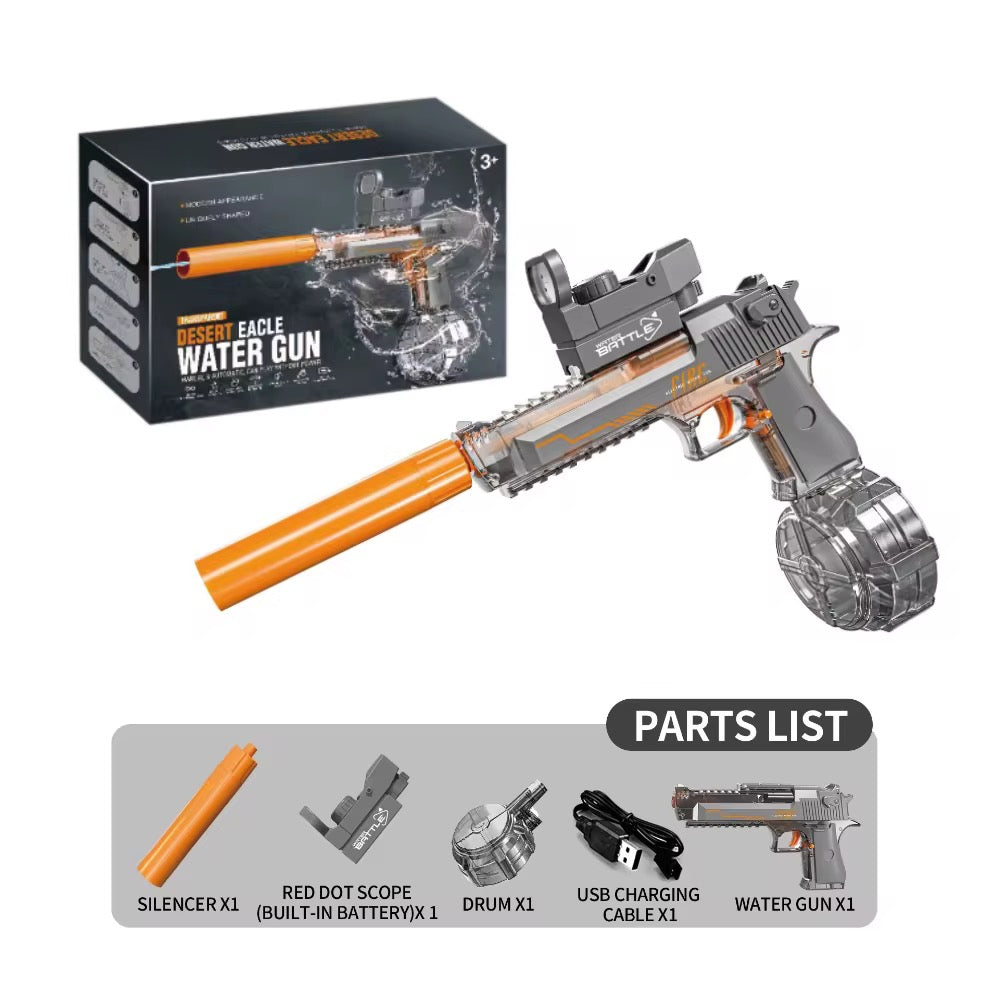 Electric Water Gun DESERT EAGLE – transparent design, light effects, range 8–10 m, 425 ml tank