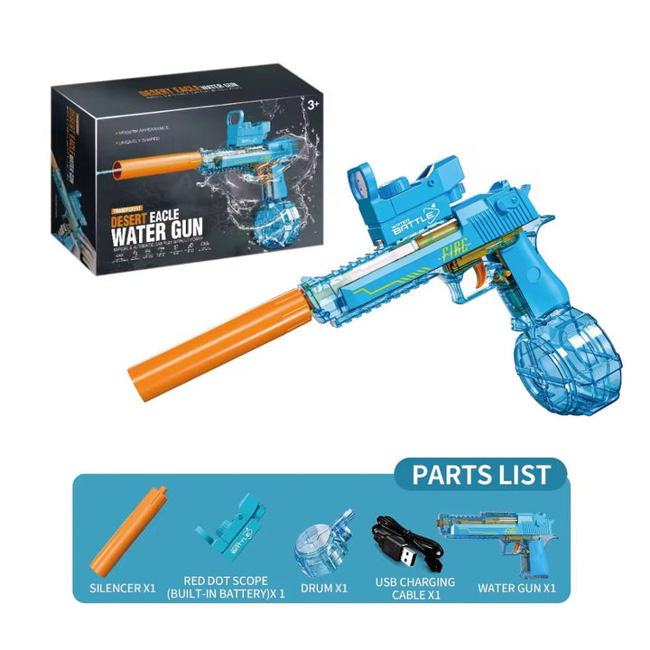 Electric Water Gun DESERT EAGLE – transparent design, light effects, range 8–10 m, 425 ml tank