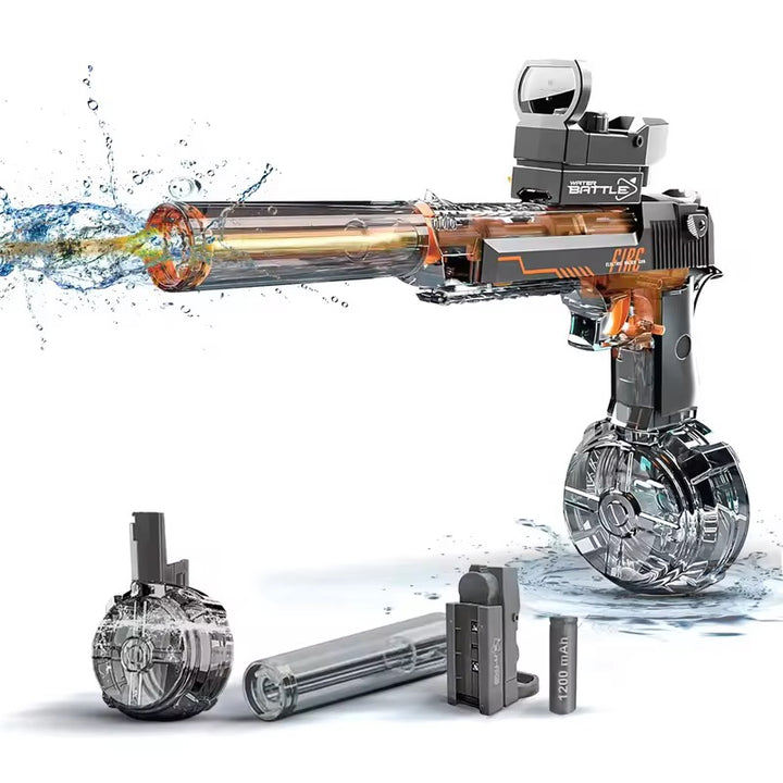Electric Water Gun DESERT EAGLE – transparent design, light effects, range 8–10 m, 425 ml tank