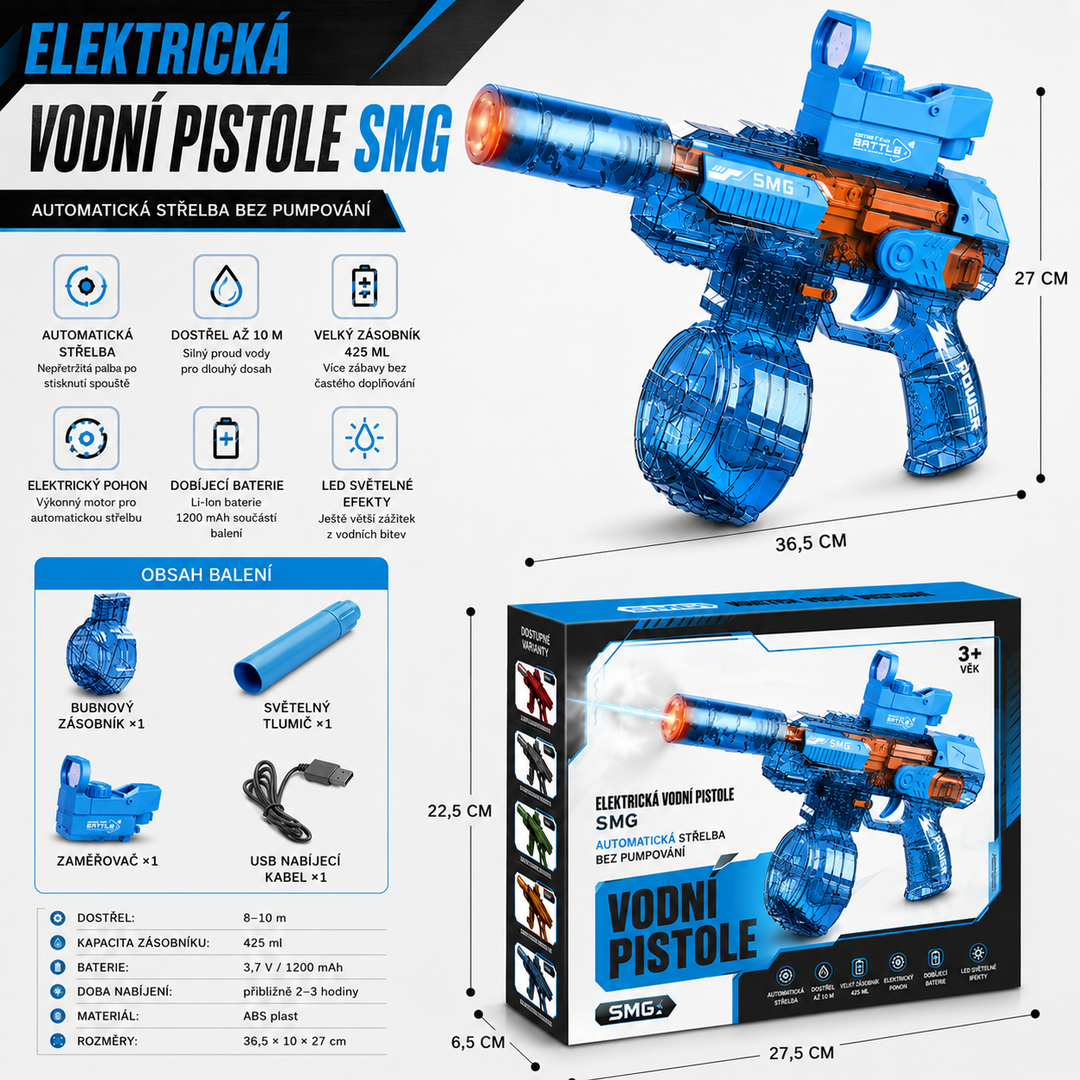 Elektrická vodní pistole SMG – světelné efekty, dostřel 8–10 m, 425 ml zásobník, 1200 mAh baterie