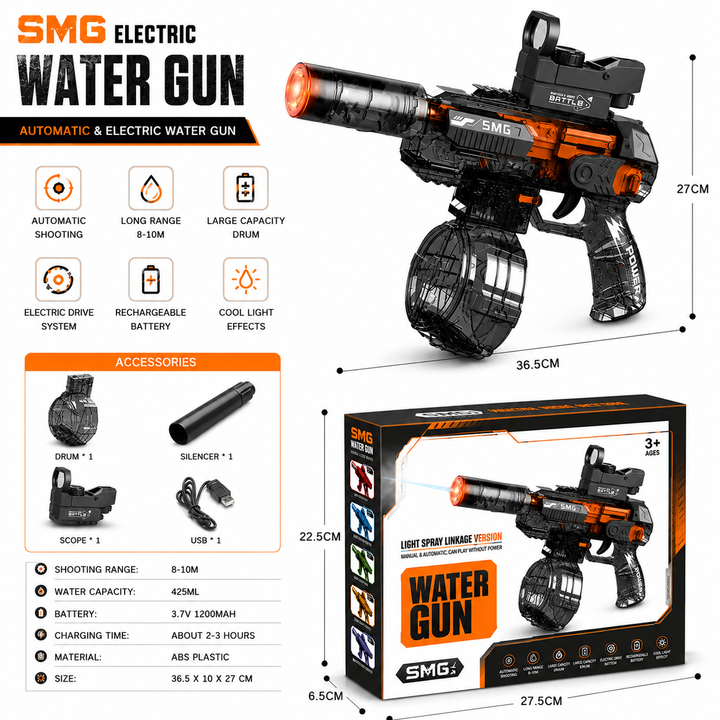 Elektrická vodní pistole SMG – světelné efekty, dostřel 8–10 m, 425 ml zásobník, 1200 mAh baterie