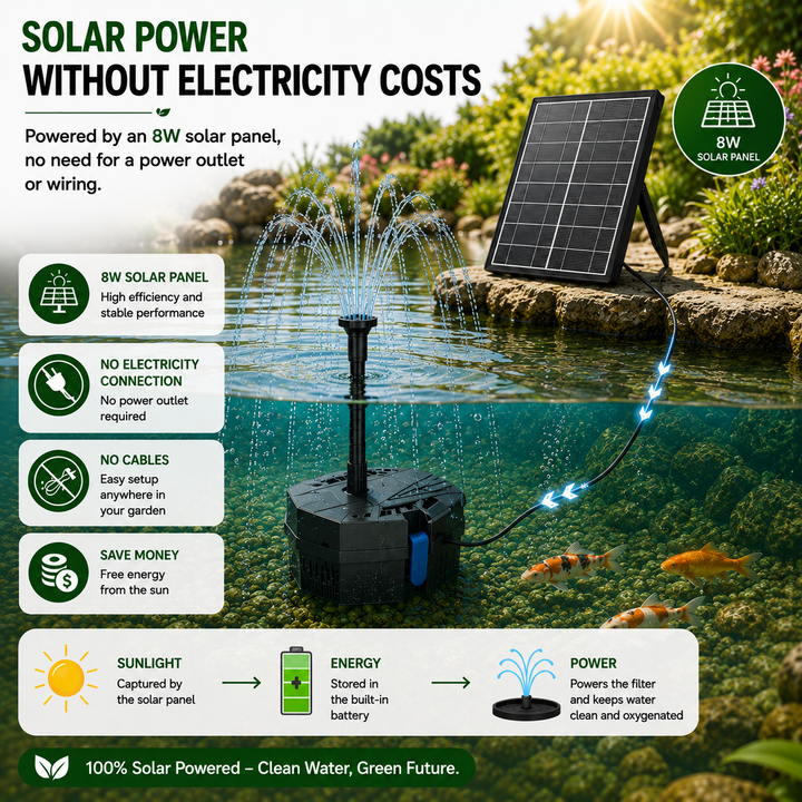 Solární jezírkový filtr s čerpadlem FA101 - 3600 mAh baterie, 10 trysek, 8 W panel