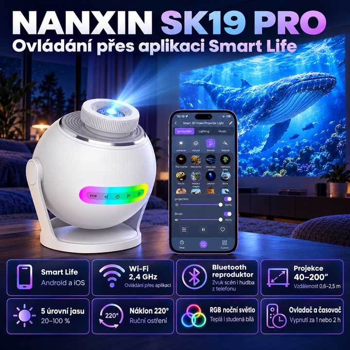 Nanxin SK19 PRO – dynamický projektor galaxie s aplikací Smart Life