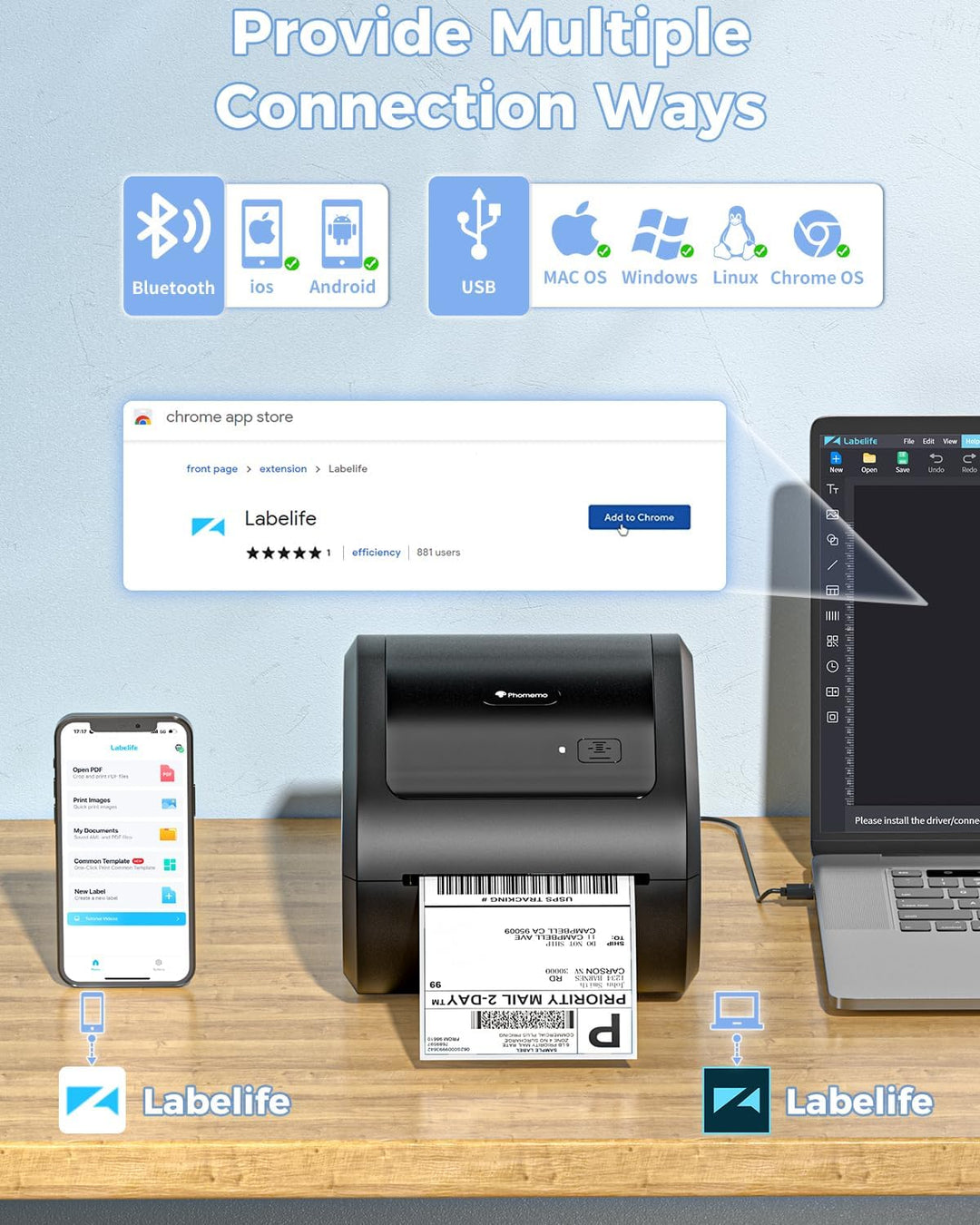 Phomemo D520BT Tiskárna štítků a etiket černá, připojení přes Bluetooth a USB