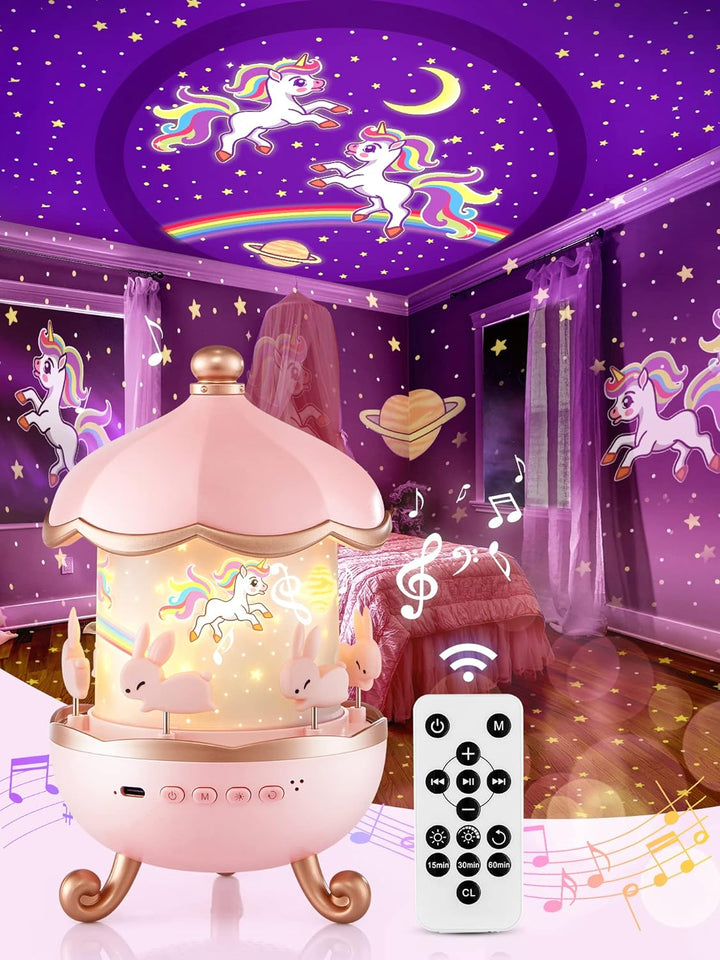 Night sky projector with rotating carousel and projection of unicorn, mermaid and other children's fairy tales