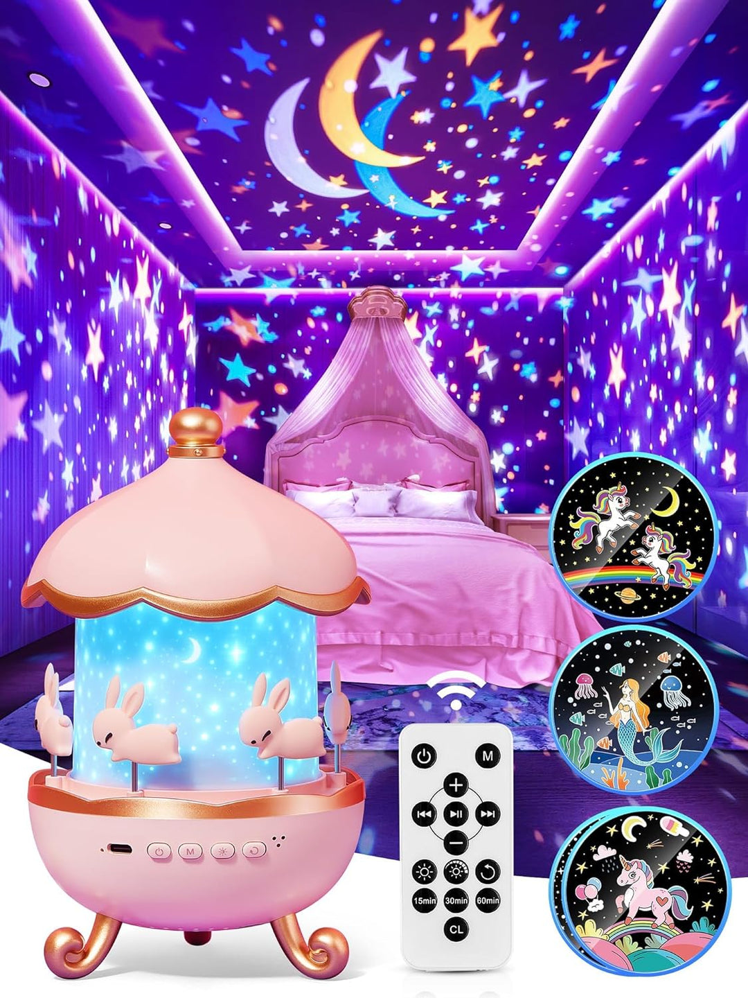 Carousel night sky projector with unicorn and little mermaid projection | A gift for girls