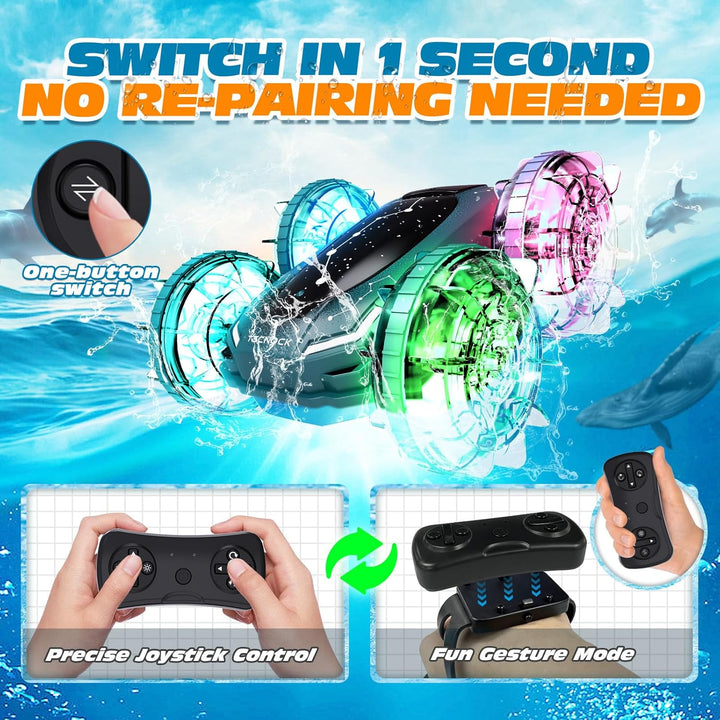 Tecnock Obojživelné RC Auto - 4WD, ovládání gesty, magnetické nabíjení, 60 min jízdy, LED světla, zelená