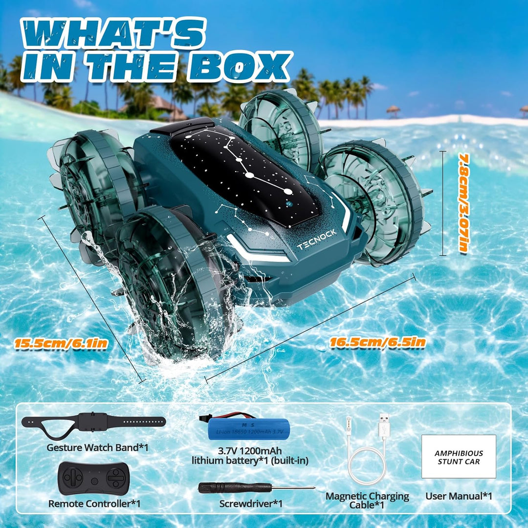Tecnock Obojživelné RC Auto - 4WD, ovládání gesty, magnetické nabíjení, 60 min jízdy, LED světla, zelená