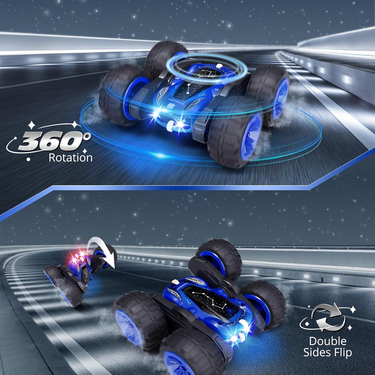 Tecnock RC Kaskadérské auto s 360° otočkami a LED světly, modrá