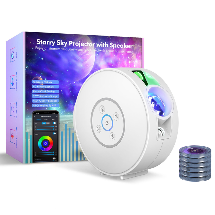 Galaxy and night sky projector - 6 image cassettes, Bluetooth speaker, app control