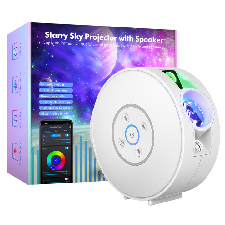Galaxy and night sky projector - 6 image cassettes, Bluetooth speaker, app control