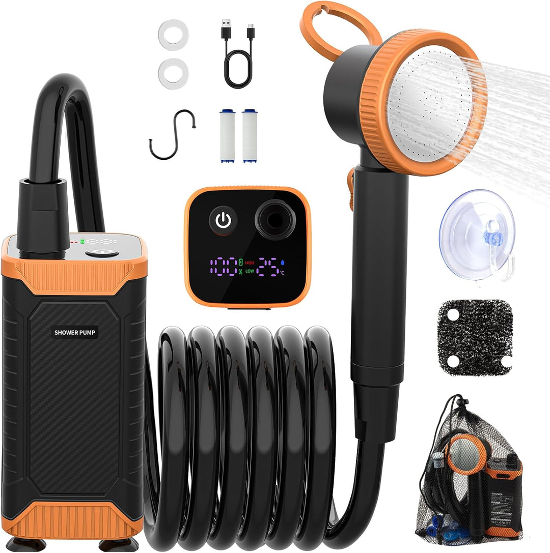 Uplayteck Přenosná kempingová sprcha s baterií 8000 mAh – vysoký tlak vody, LED displej a IPX8, oranžová