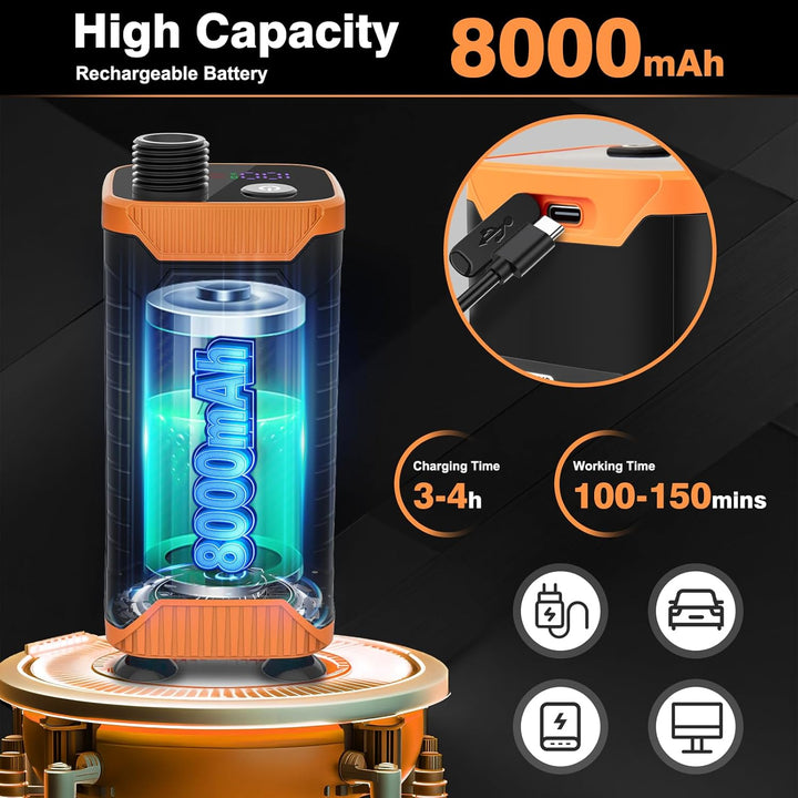 Uplayteck Přenosná kempingová sprcha s baterií 8000 mAh – vysoký tlak vody, LED displej a IPX8, oranžová