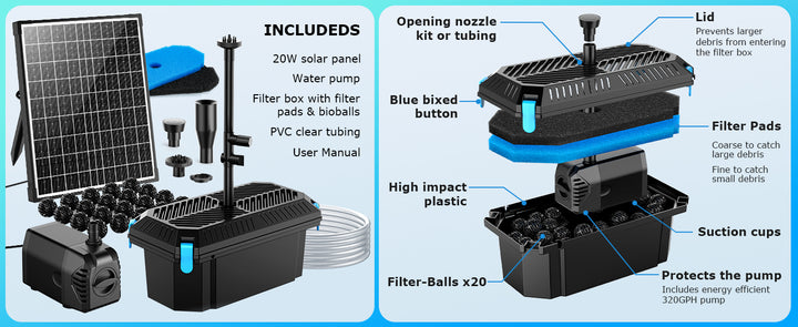 Solární jezírkový filtr s čerpadlem FA201 - 20 W panel, průtok 1200 l/h, biologická filtrace