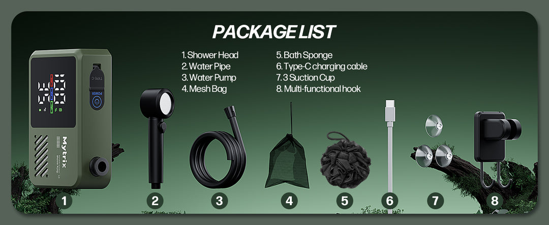 Mytrix Portable Camping Shower – High Water Pressure 10 l/min, 7800 mAh, and 4 Spray Modes